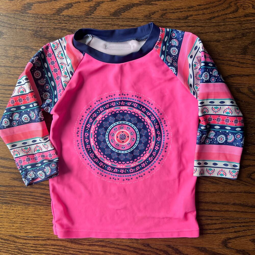 Pink and Navy Mandala Patterned Boho Girl's Swim Rashguard Top - 4